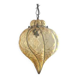 Venetian lantern pendant light in amber Murano glass