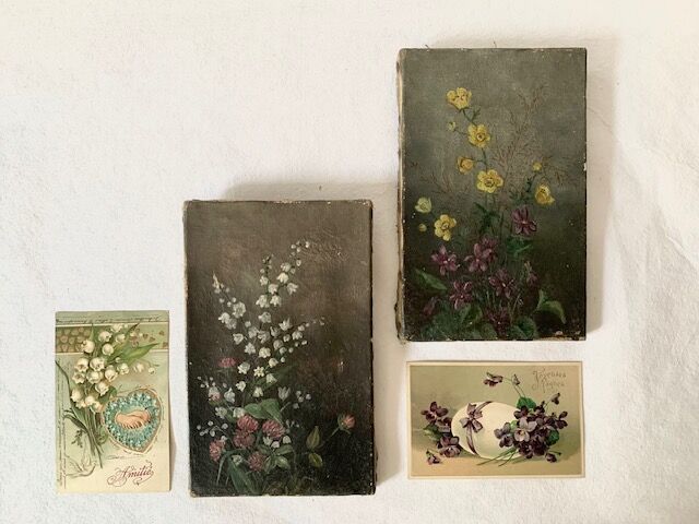 Paire De Petits Tableaux Anciens. Nature Morte Fleurs, Huile Sur Toile Peintures Du Xixeme France