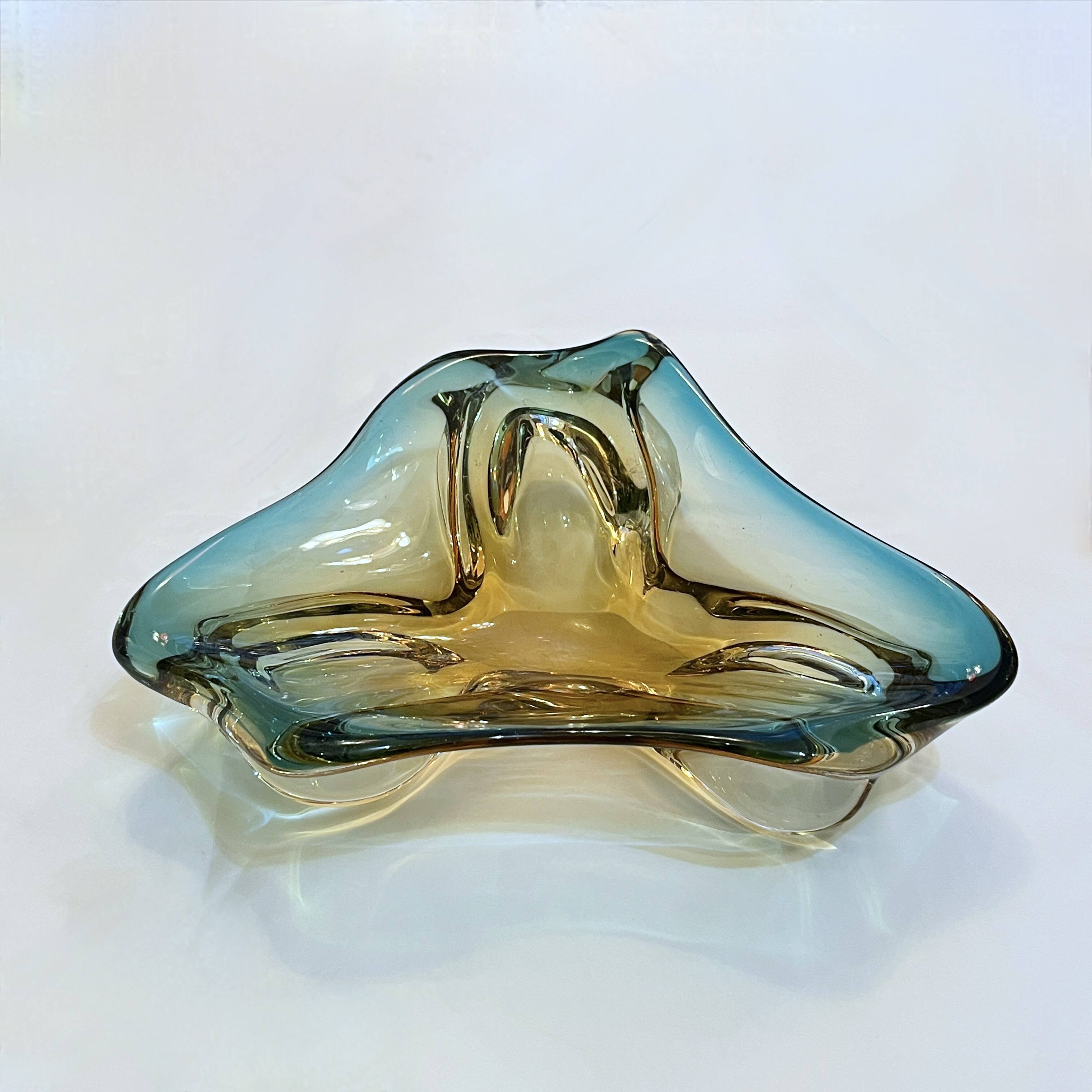 Grand vide-poche sommerso en verre bleu jaune - Murano Venise 1960