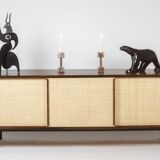 Sideboard in wenge, raffia and lacquered metal. 1970s.