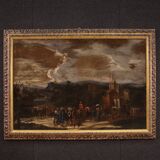 Grand tableau de paysage italien avec personnages du XVIIIe siècle