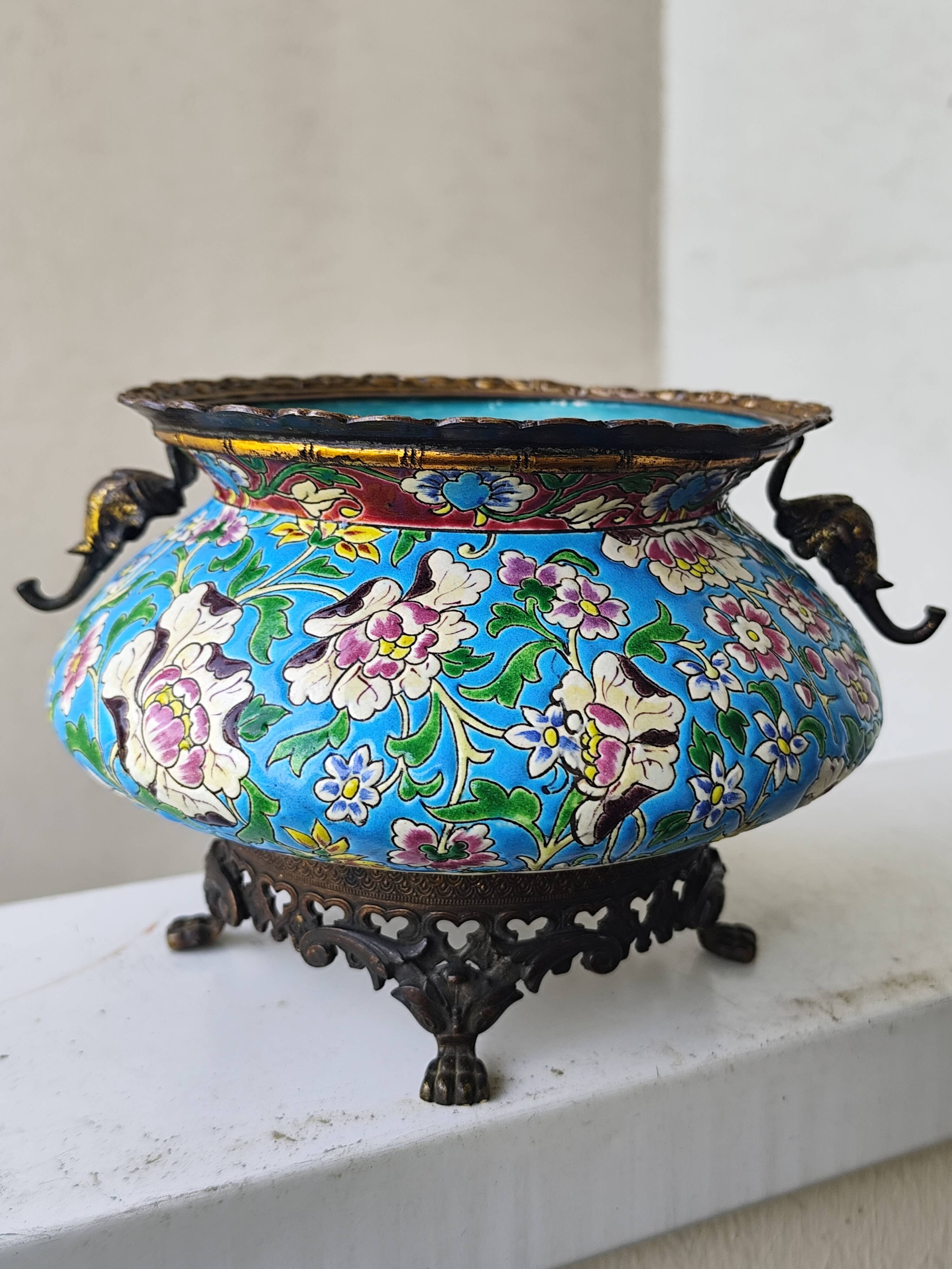 Antique jardinière ceramic enamel Longwy with bronze mount elephant head
