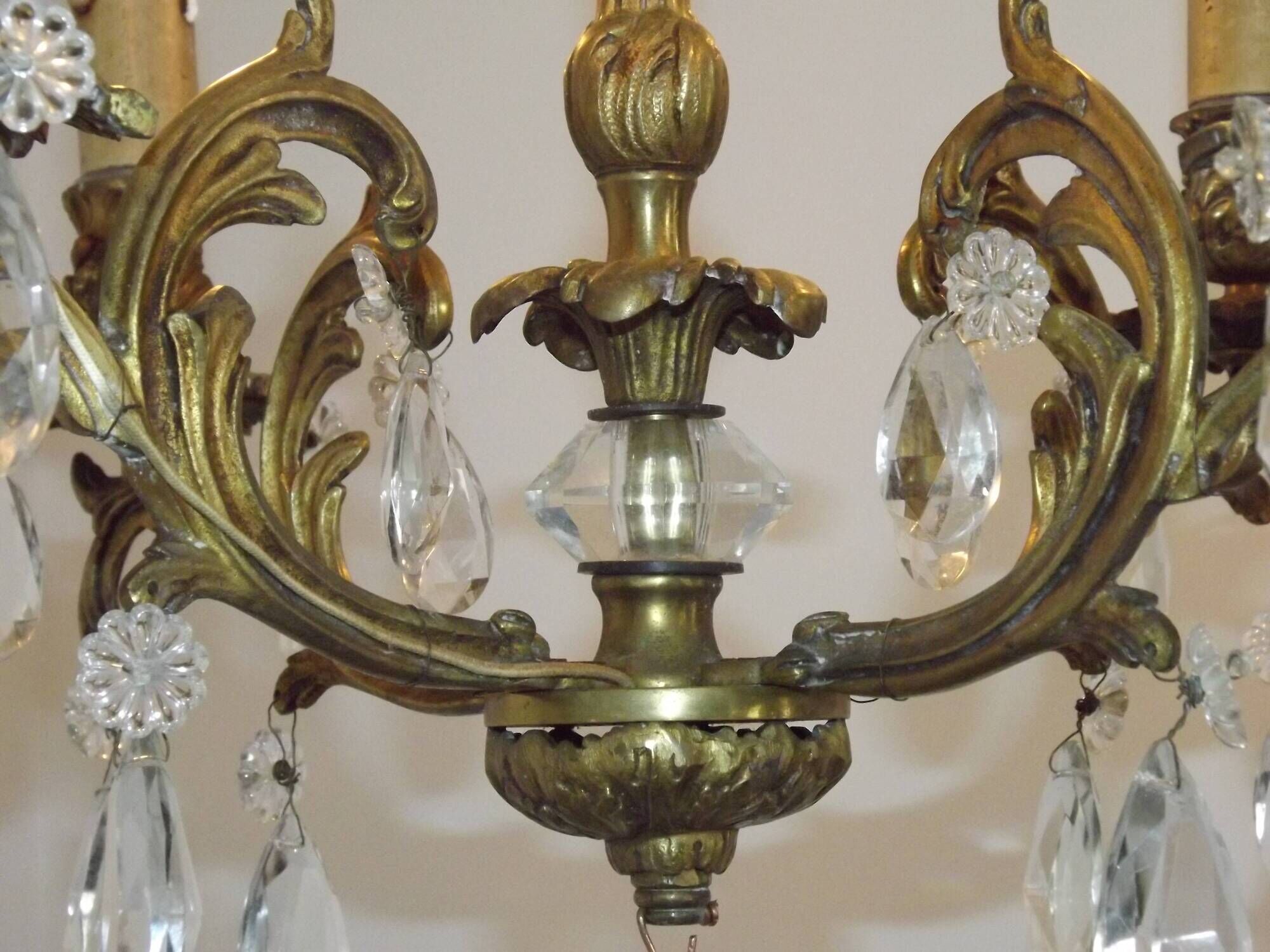 French Vintage Bronze and Glass 4 Light Art Nouveau Crystal Chandelier