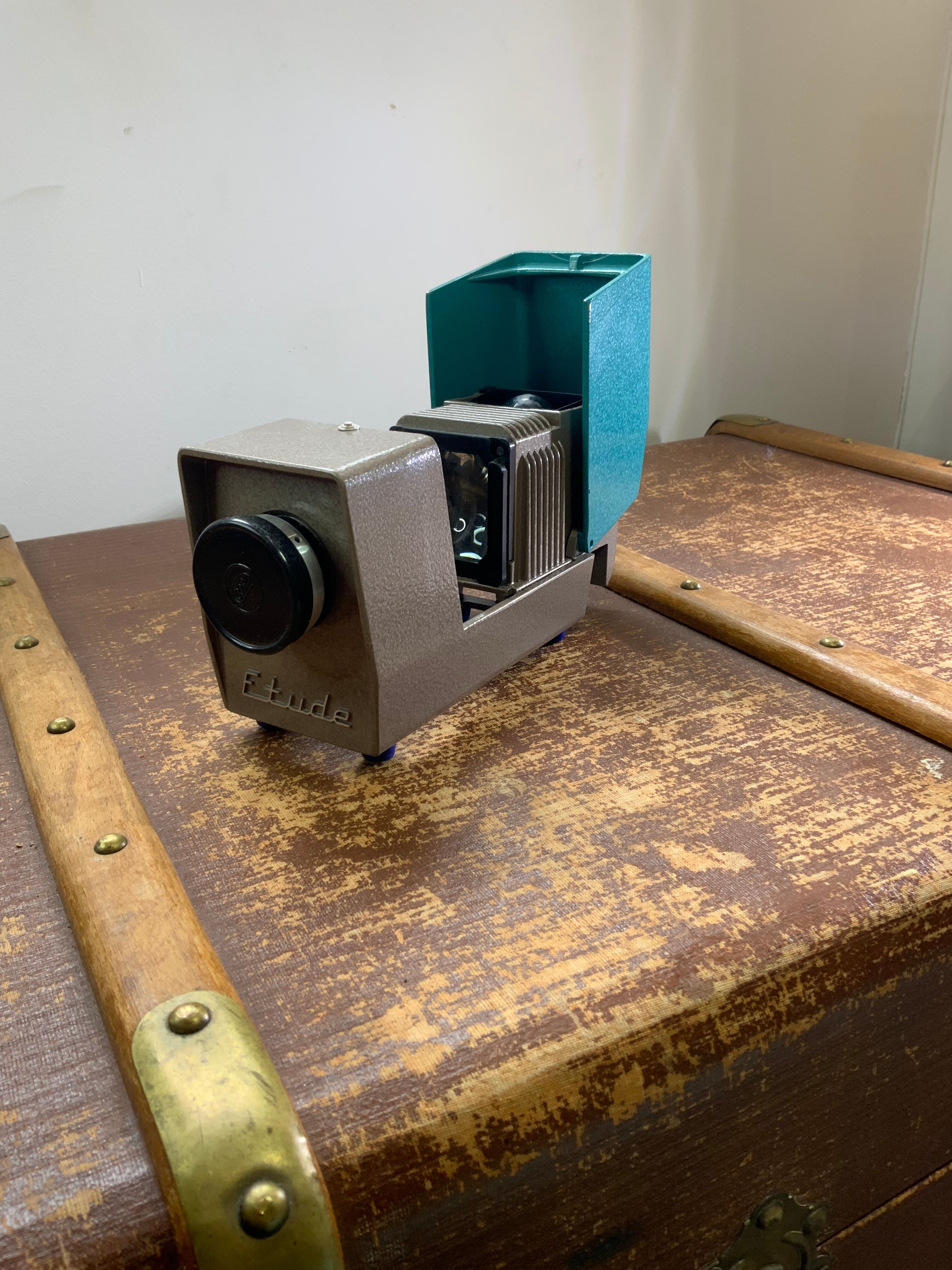 Vintage USSR slide projector in metal enamel blue and gray brand Optical study bulb