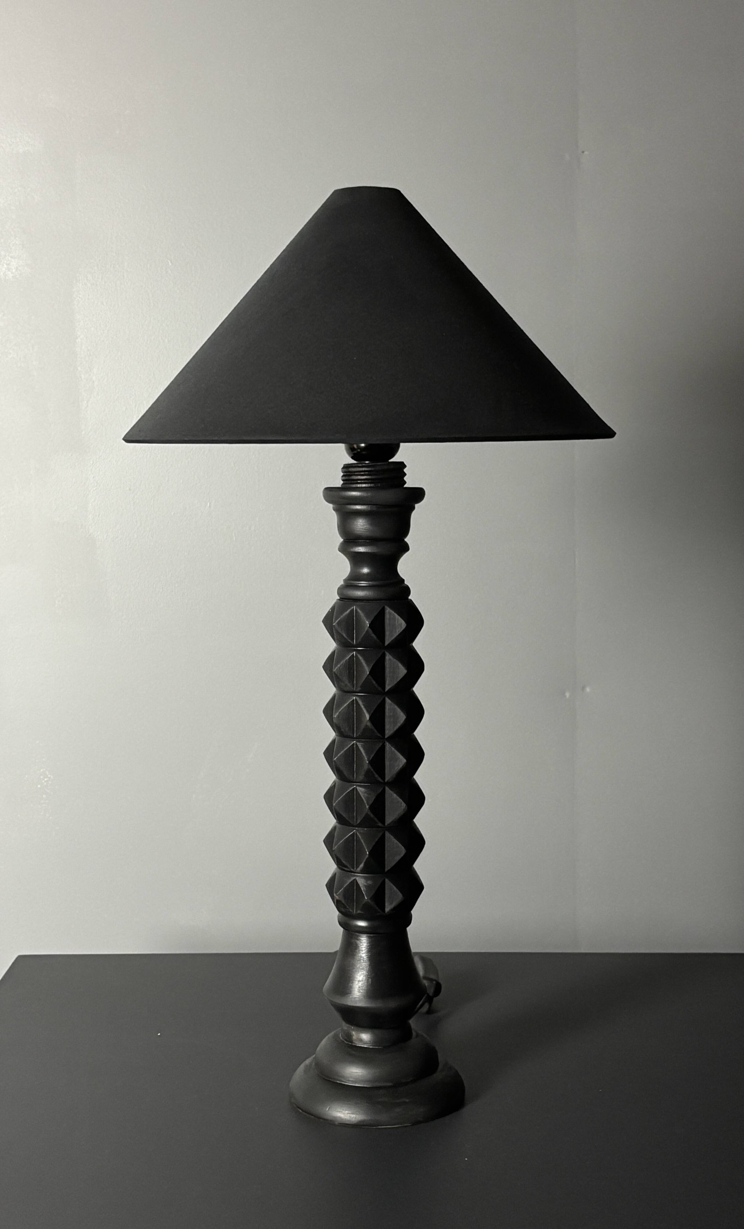 Brutalist wood turned ebonized table lamp in the style of Charles Dudouyt