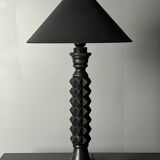 Brutalist wood turned ebonized table lamp in the style of Charles Dudouyt