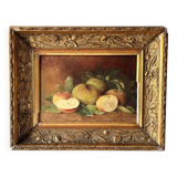 Huile sur toile d'une nature morte aux pommes 1910, tableau ancien encadré