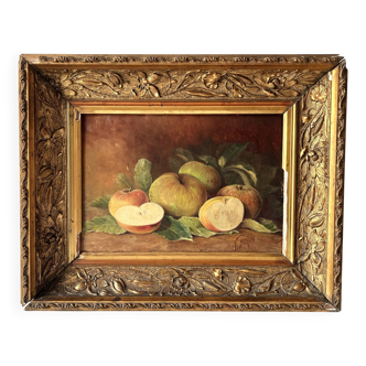Oil on canvas of a still life with apples 1910, antique framed painting