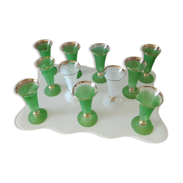 Lot de 11 flûtes à champagne  en verre givré et liseré doré – Années 60/70