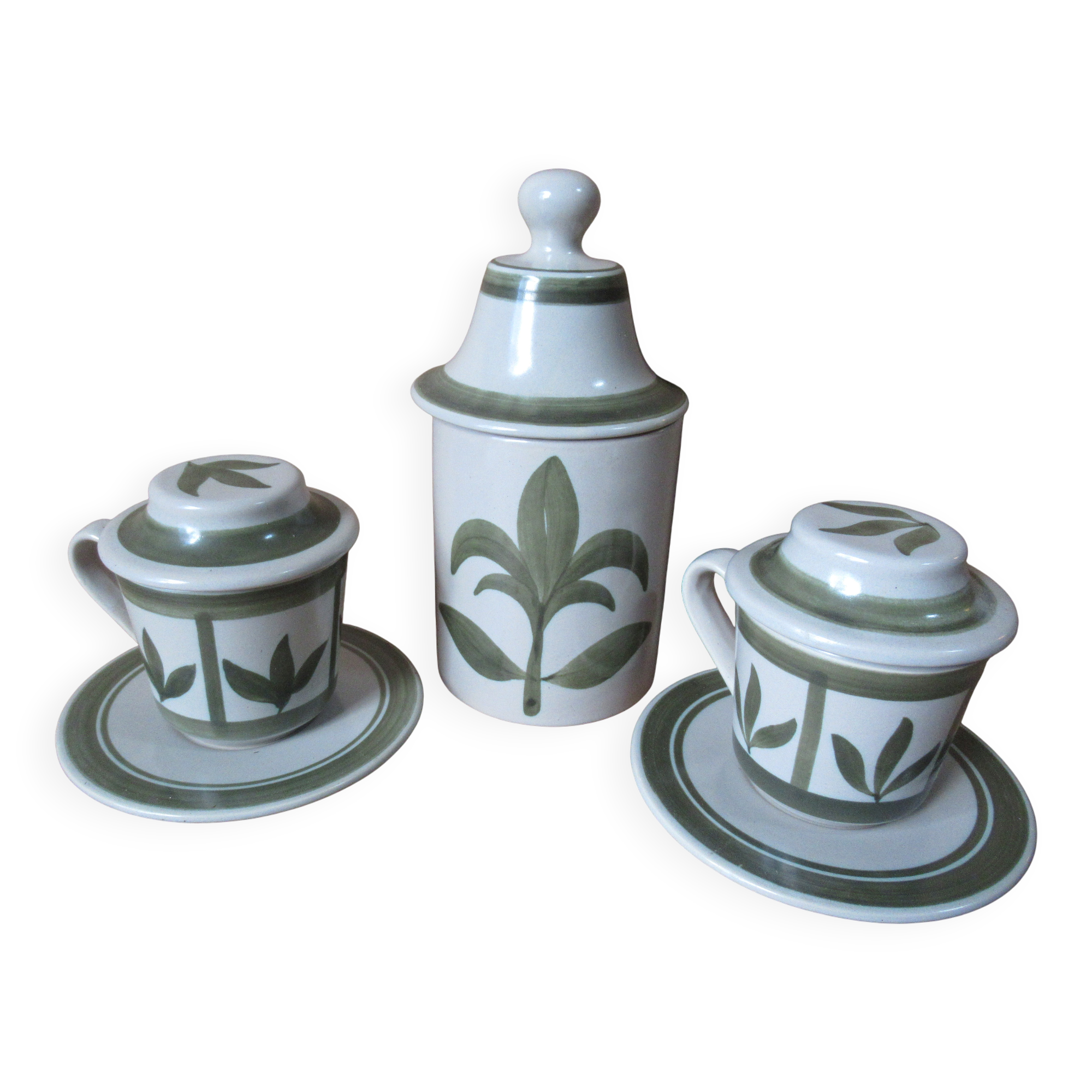 Longchamps faience - apothecary pot and 2 infusion cups from the 1970s