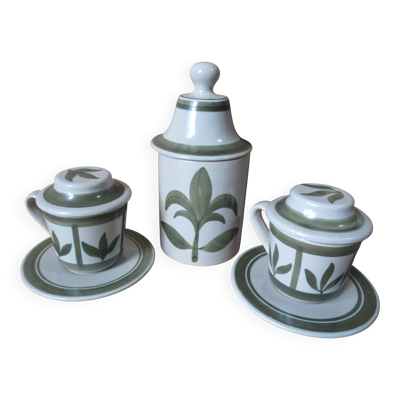Faience de longchamps - pot apothicaire et 2 tasses infusion années 70