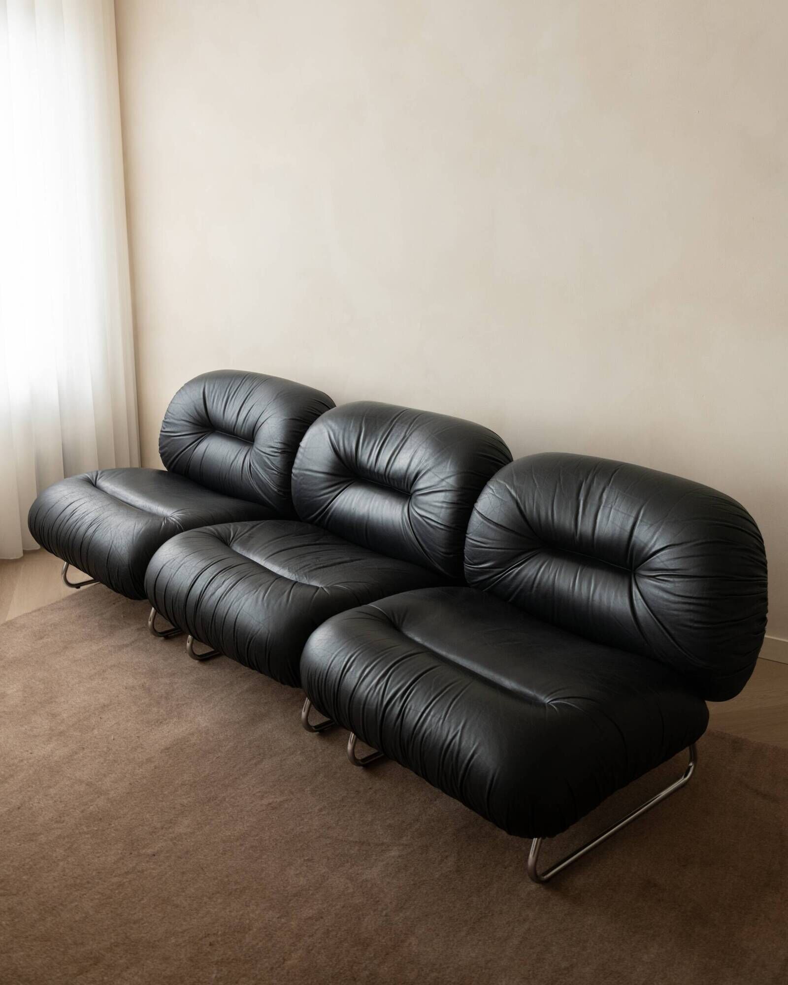 Italian Leather and Chrome Lounge Chairs, 1980s, Set of 3