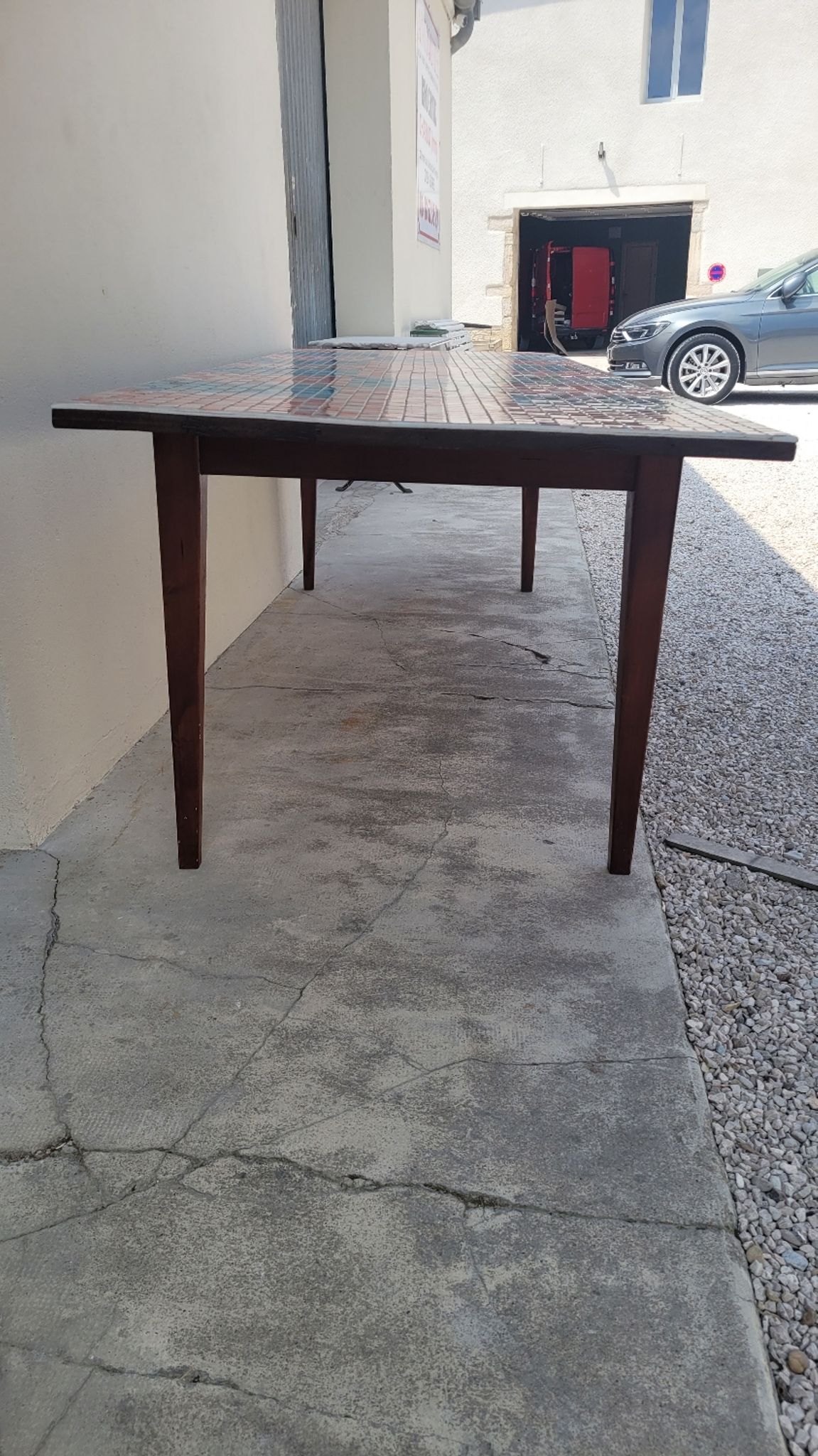 Old farmhouse table with mosaic top and tapered legs - 2m64