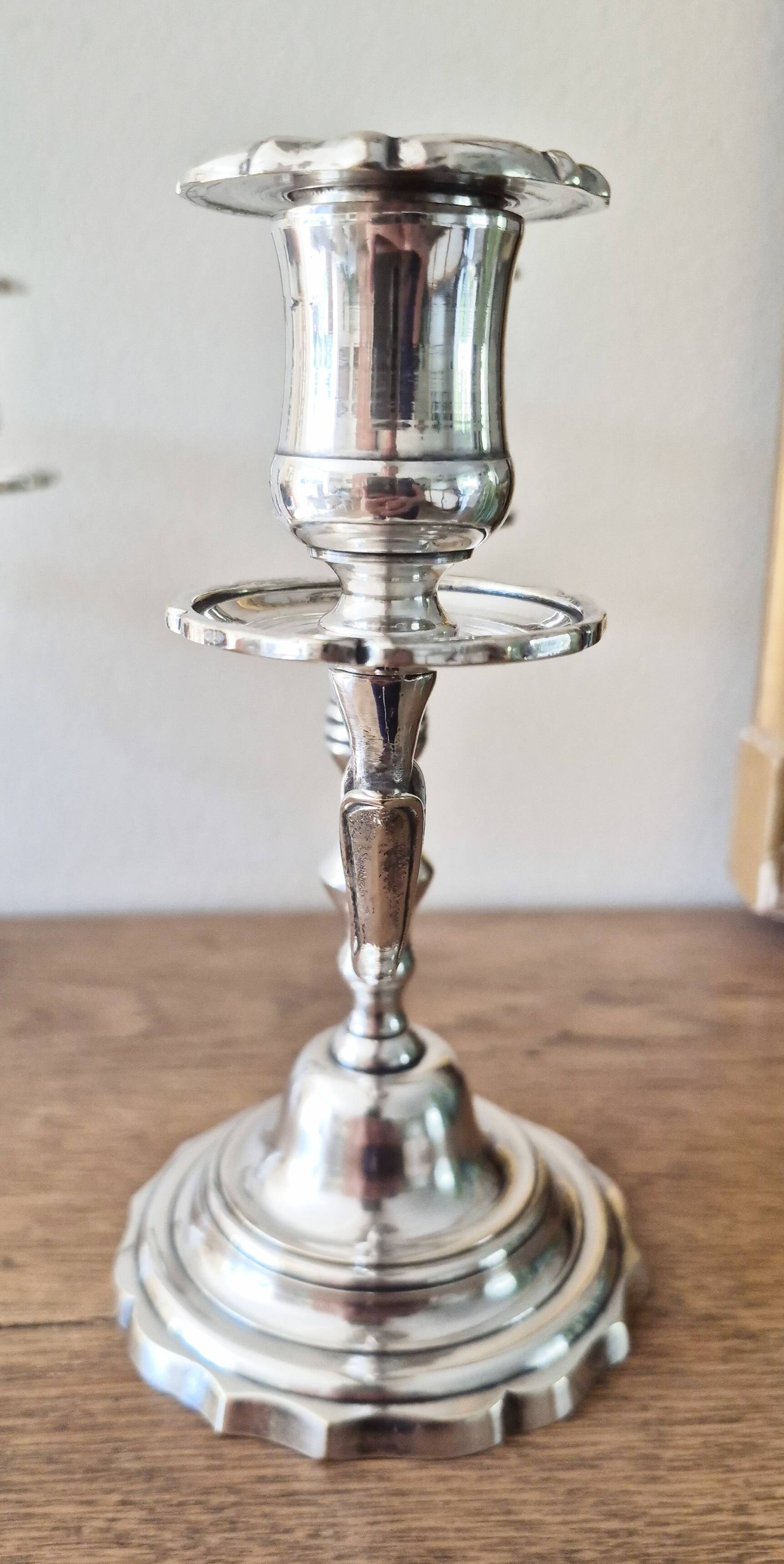 Pair of silver-plated metal candlesticks with 2 branches.