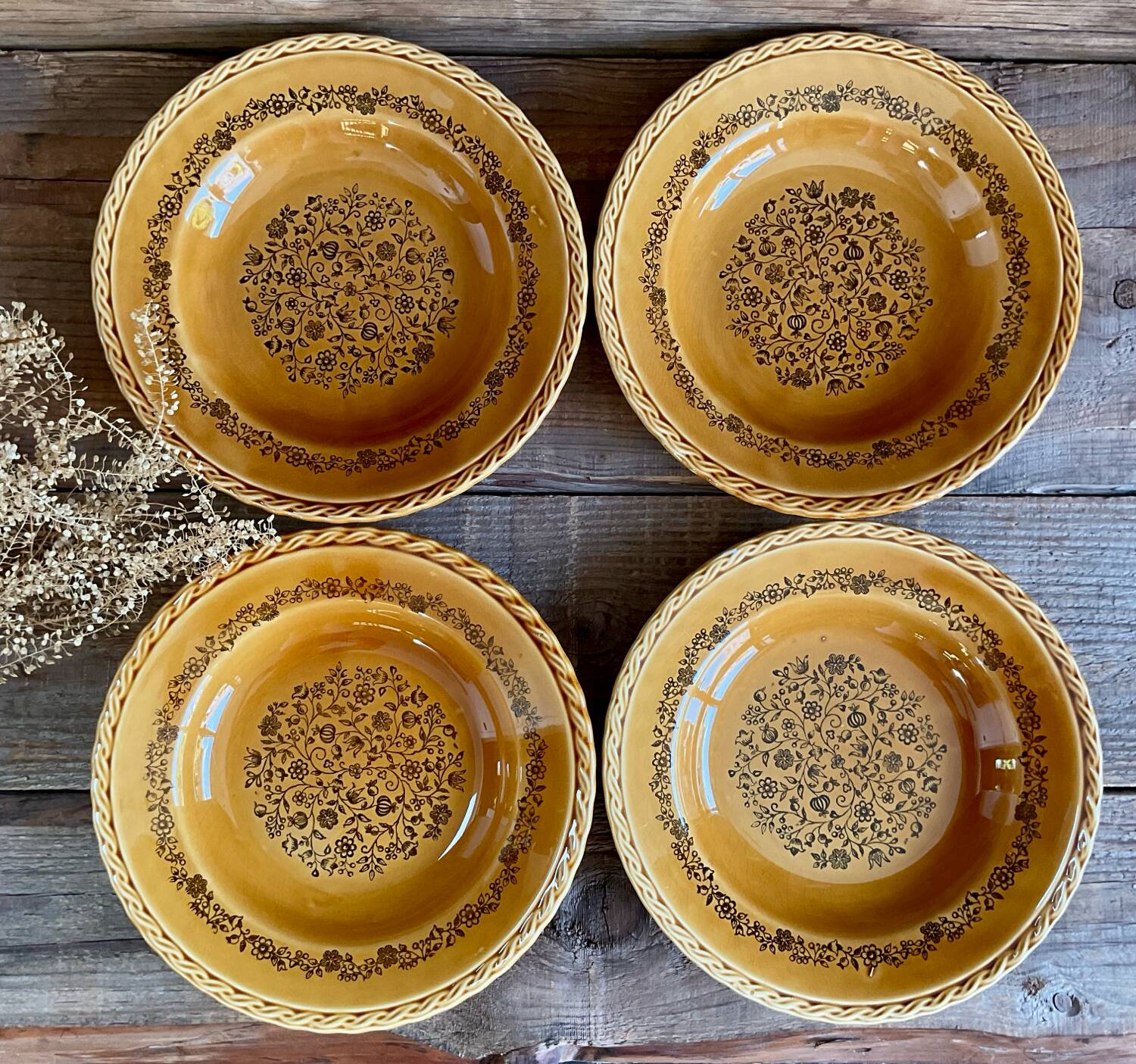 4 vintage amber ceramic soup plates