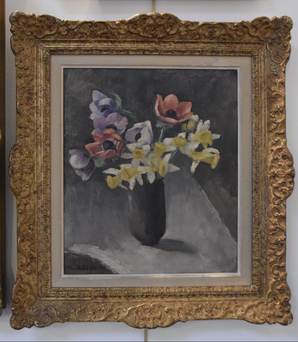 Anemones and Daffodils, Oil on Canvas Signed