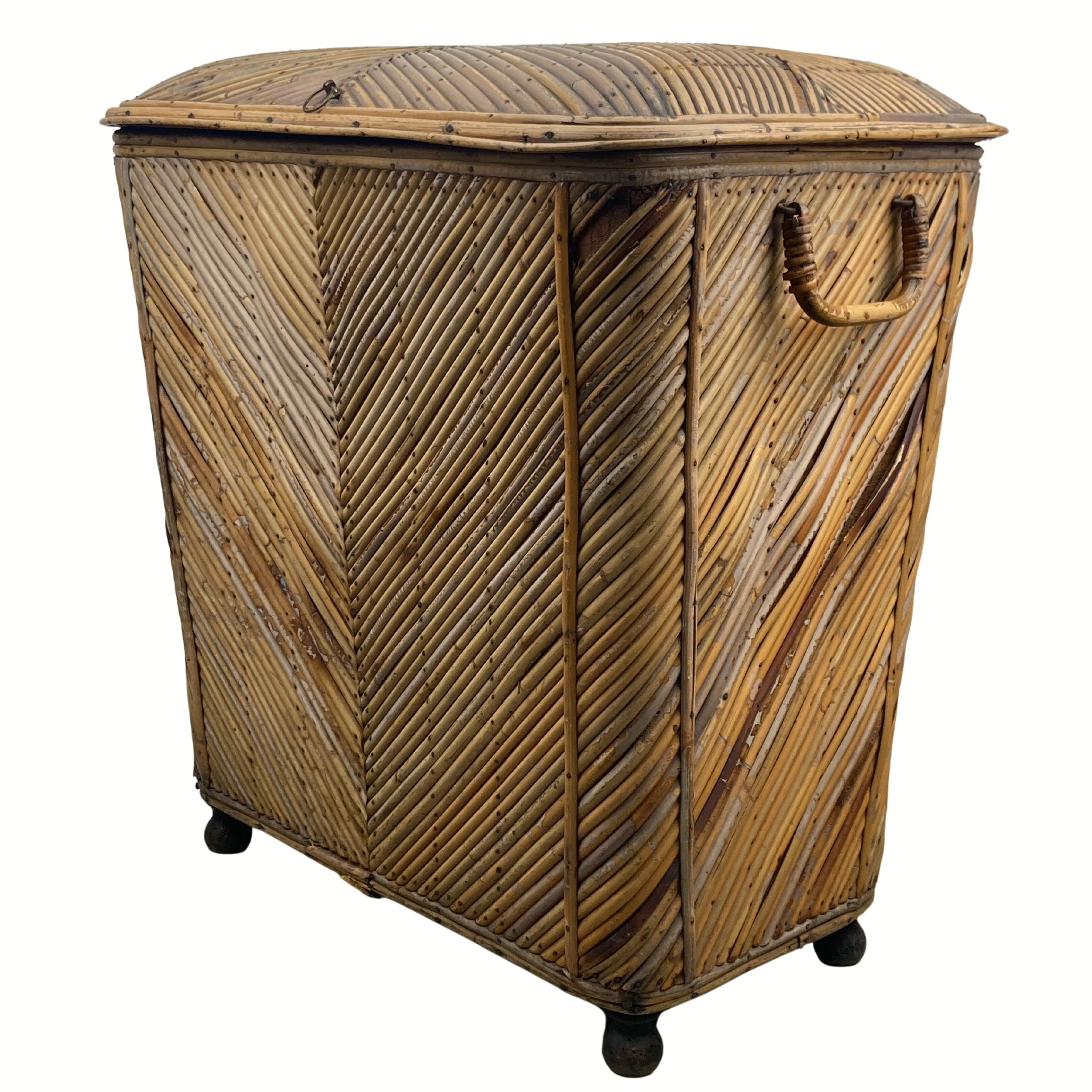 Vintage pencil split reed rattan bamboo wicker chest, 1930s-1950s