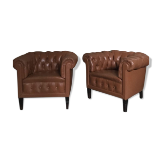 Paire de grands fauteuils en cuir camel