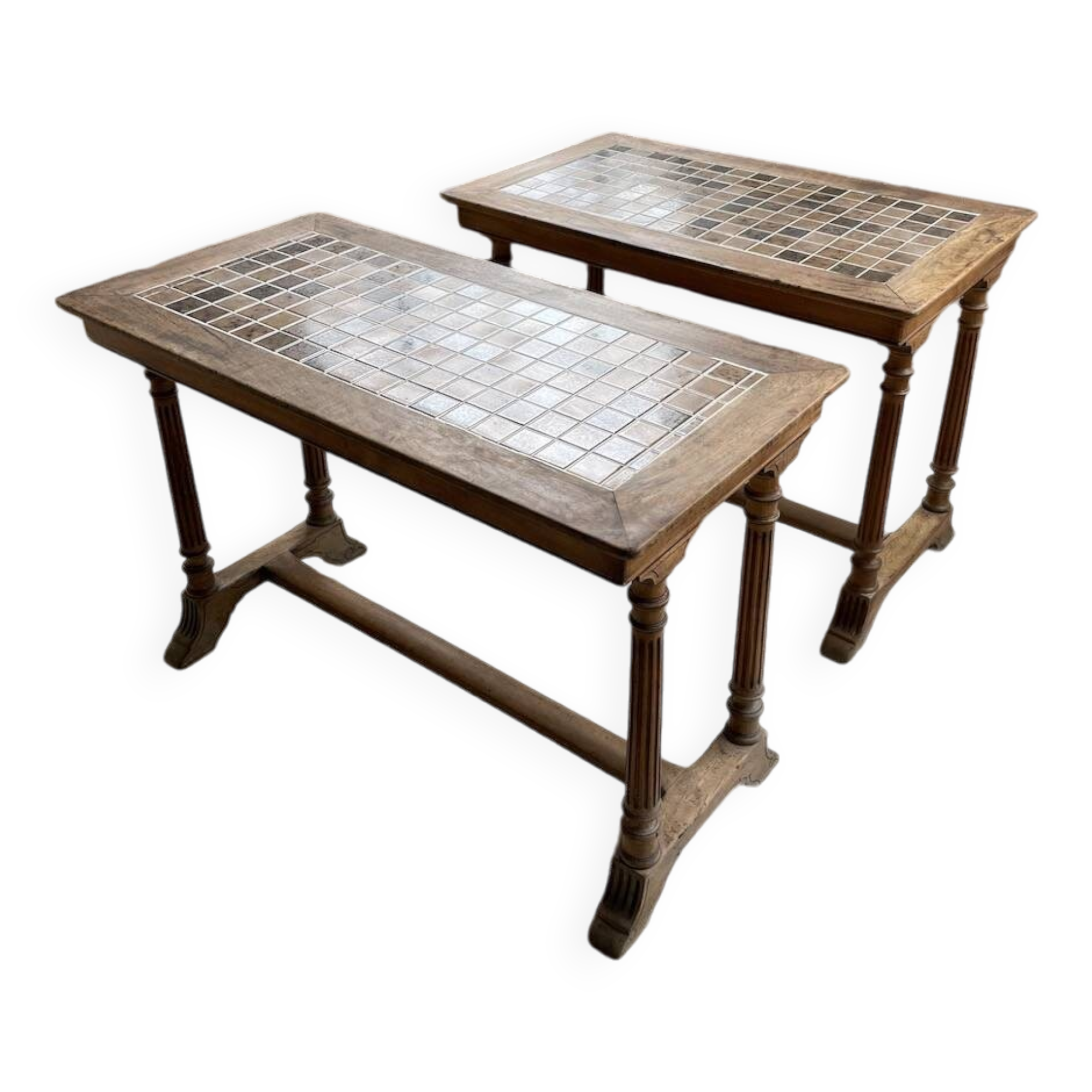 Set of two bistro tables in walnut and tiling from 1890.