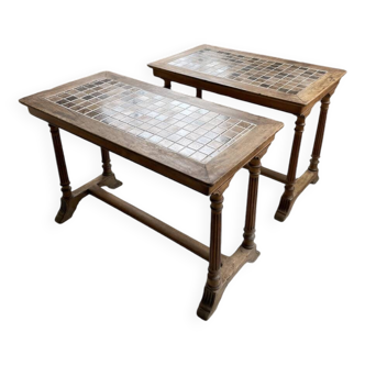 Set de deux tables bistrot en noyer et carrelage 1890