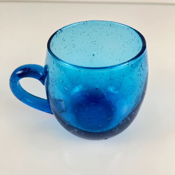 Service à punch 9 personnes style Biot, verre bullé bleu cobalt, 1970