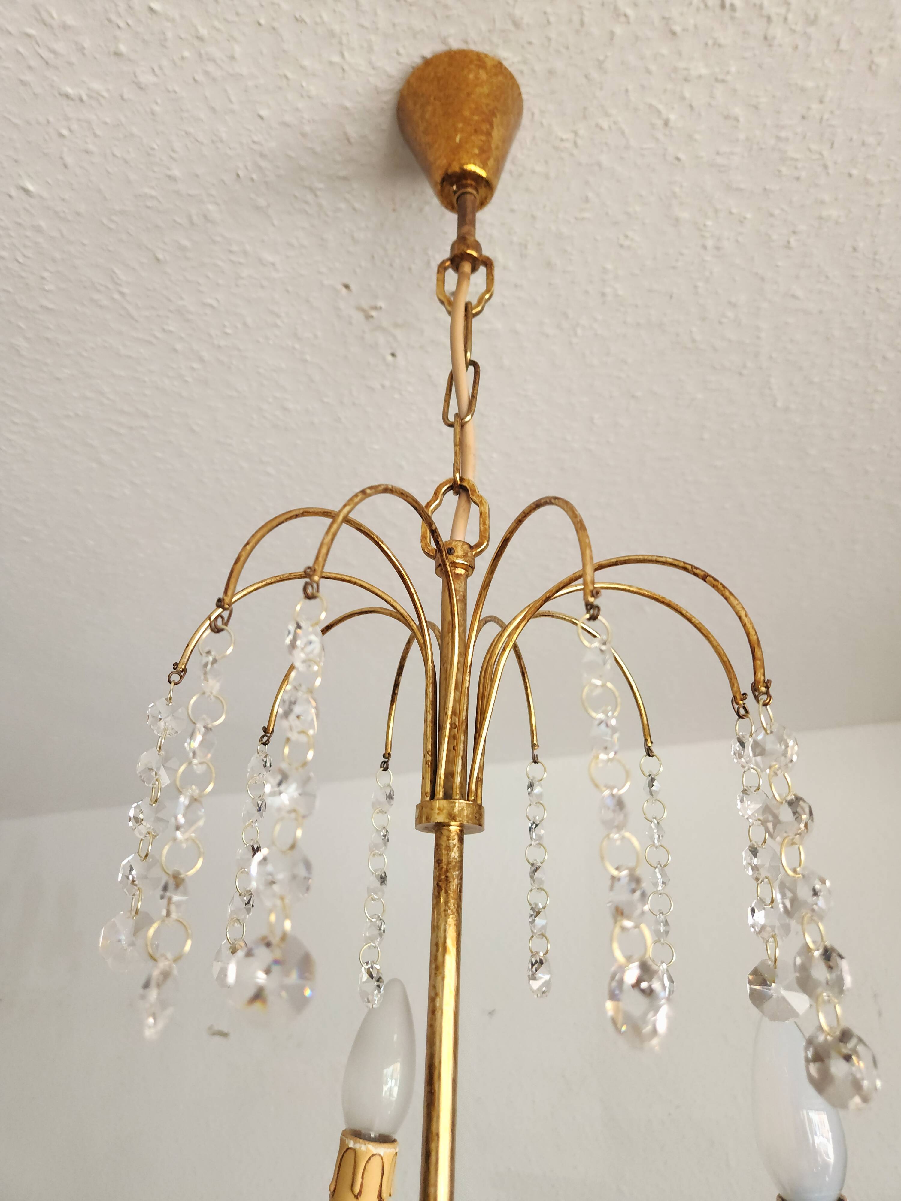 Messing doré lustre à 6 lumières lampe cristal cascade 1950-1970