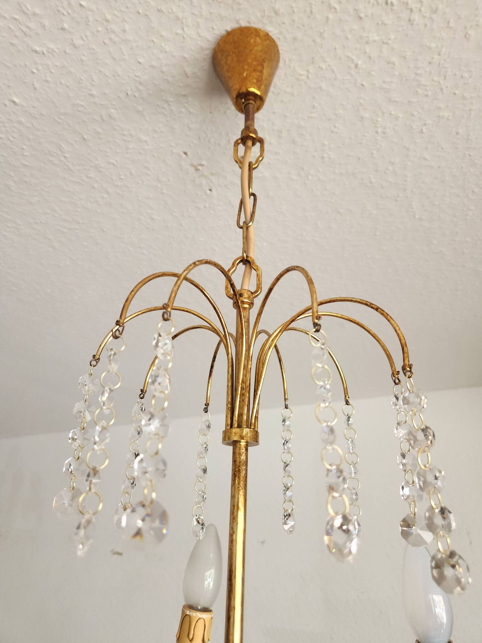 Messing vergoldet 6-Licht Kronleuchter Lampe Wasserfall Kristall 1950-1970