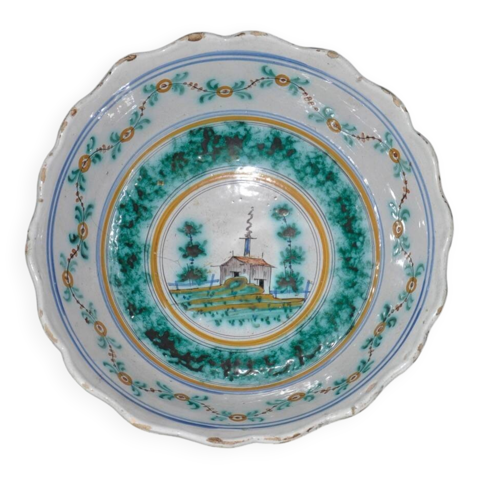 Nevers earthenware dish decorated with a Chinese pagoda, 18th century