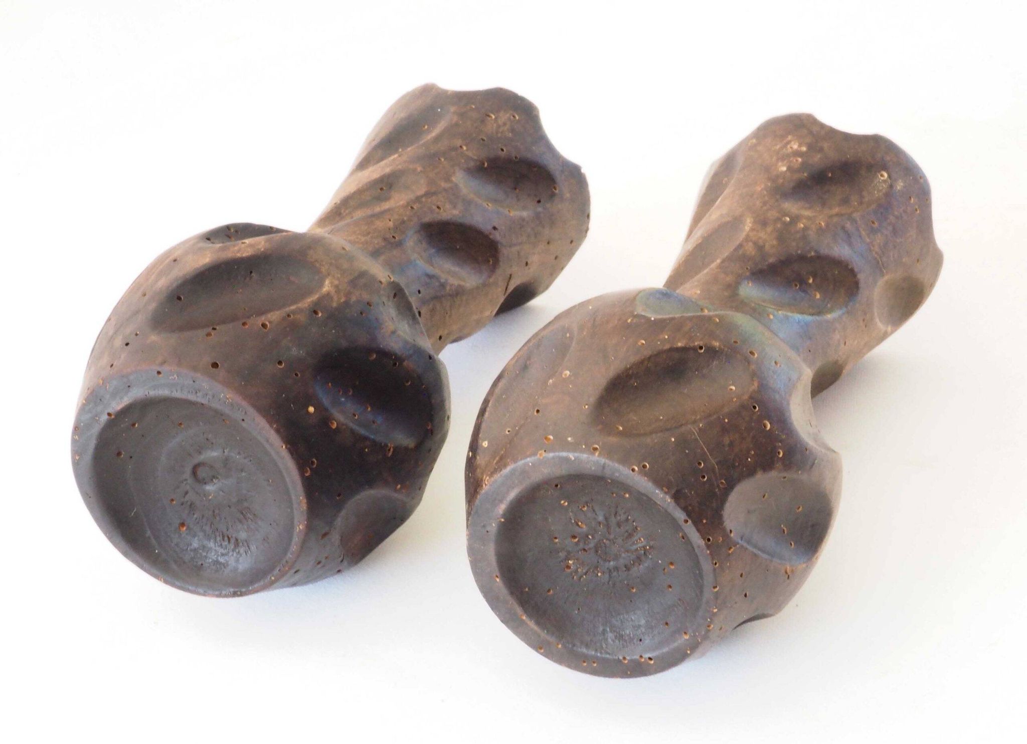 Brutalist wooden candlestick pair