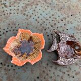 Lot composed of small barbotine dishes in enamelled ceramic, leaf and fish, Vallauris style