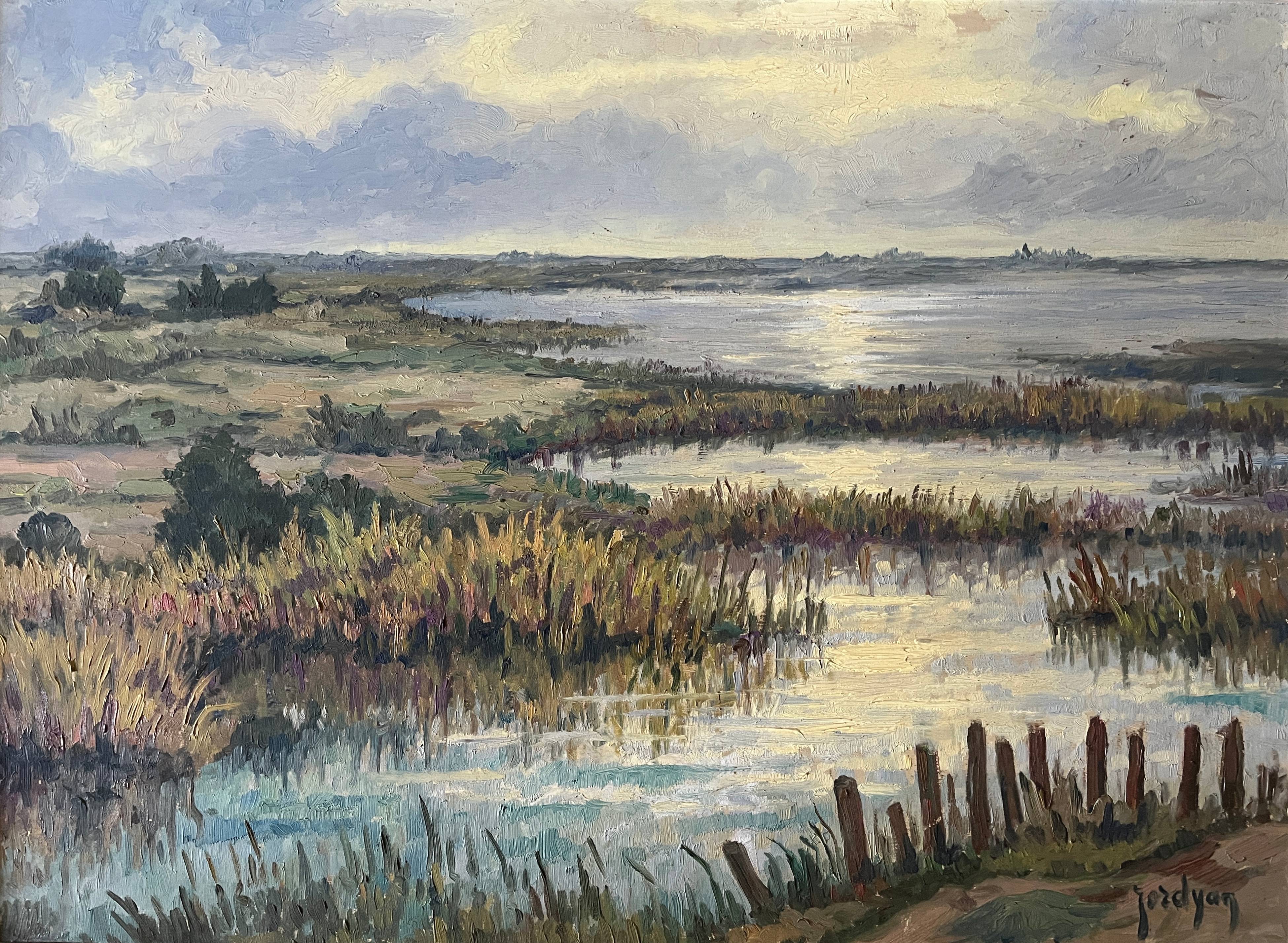 HSP painting, early 20th century, "Camargue Landscape" signed Jordyan + frame
