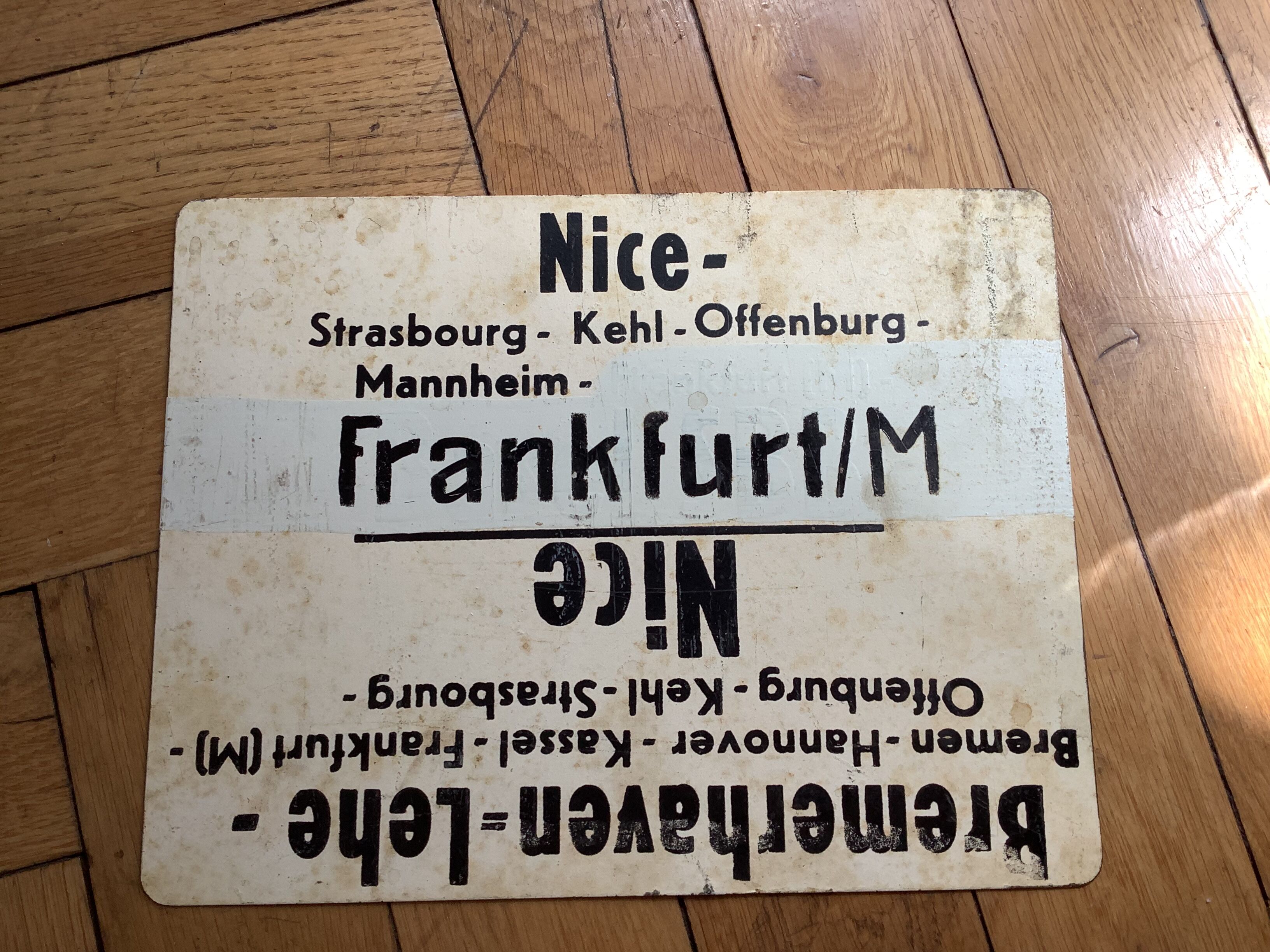Vintage SNCF painted metal plate double, back / line:Ventimiglia / Frankfurt