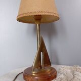 Marine table lamp with wooden base, brass sailboat, jute lampshade