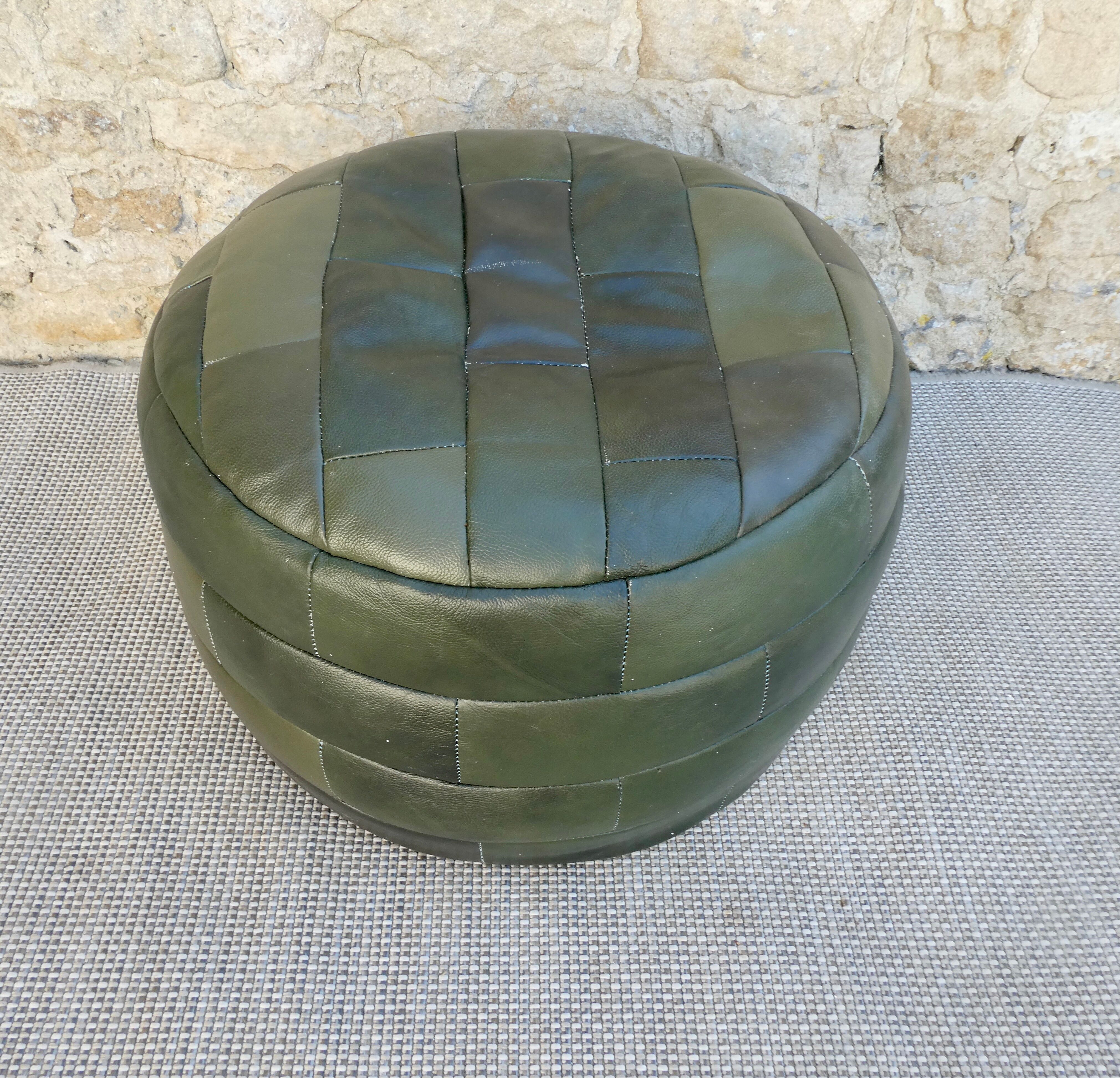 Pouf in green leather patchwork, 70s
