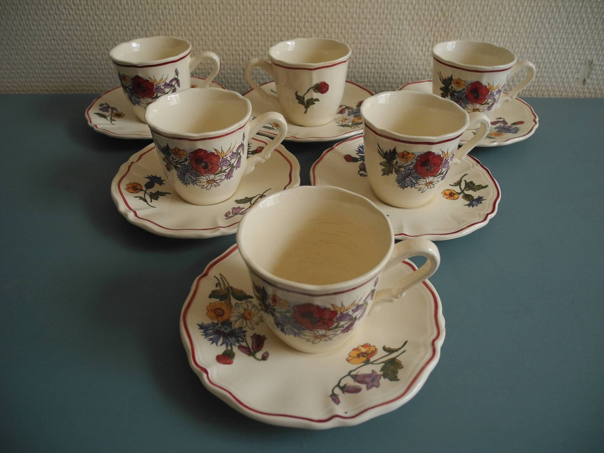 set of 6 Sarreguemines Agreste art table antique french cups plates