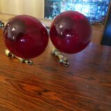Pair of vintage brass wall light and cherry red globe
