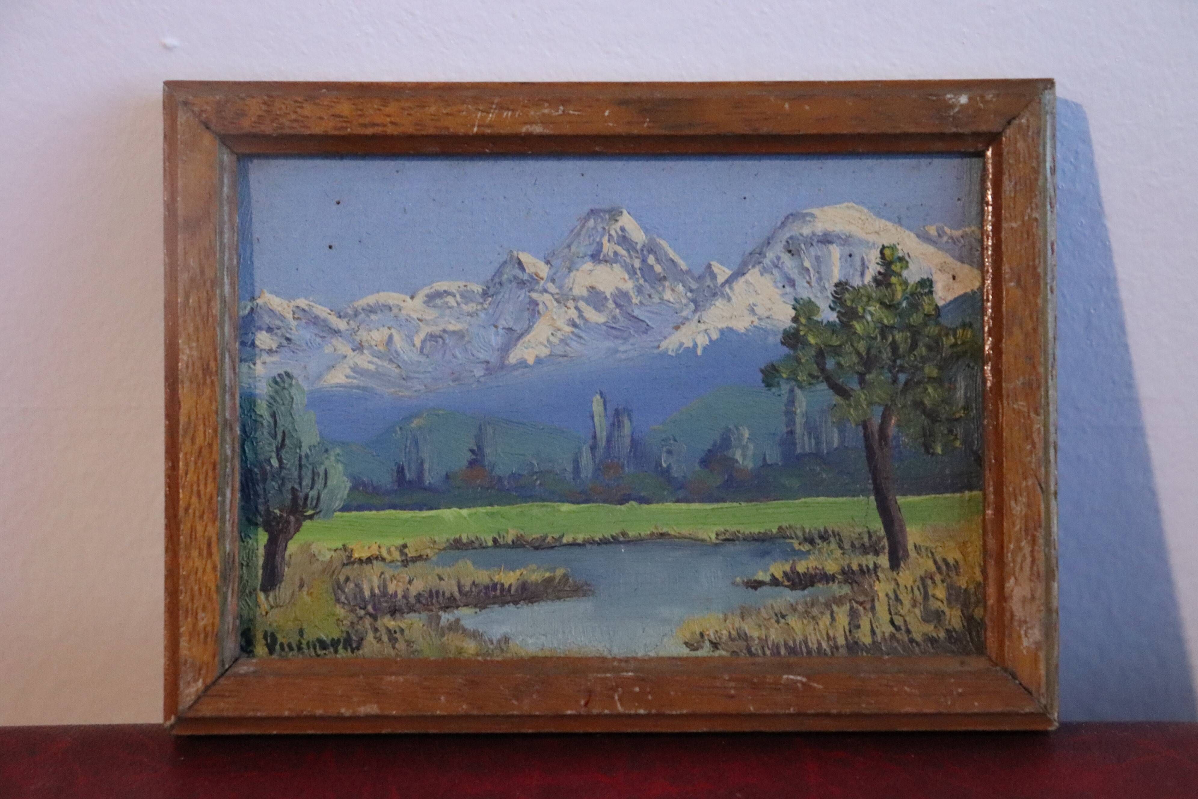Old painting signed, lake, mountain landscape, Alps, island of love