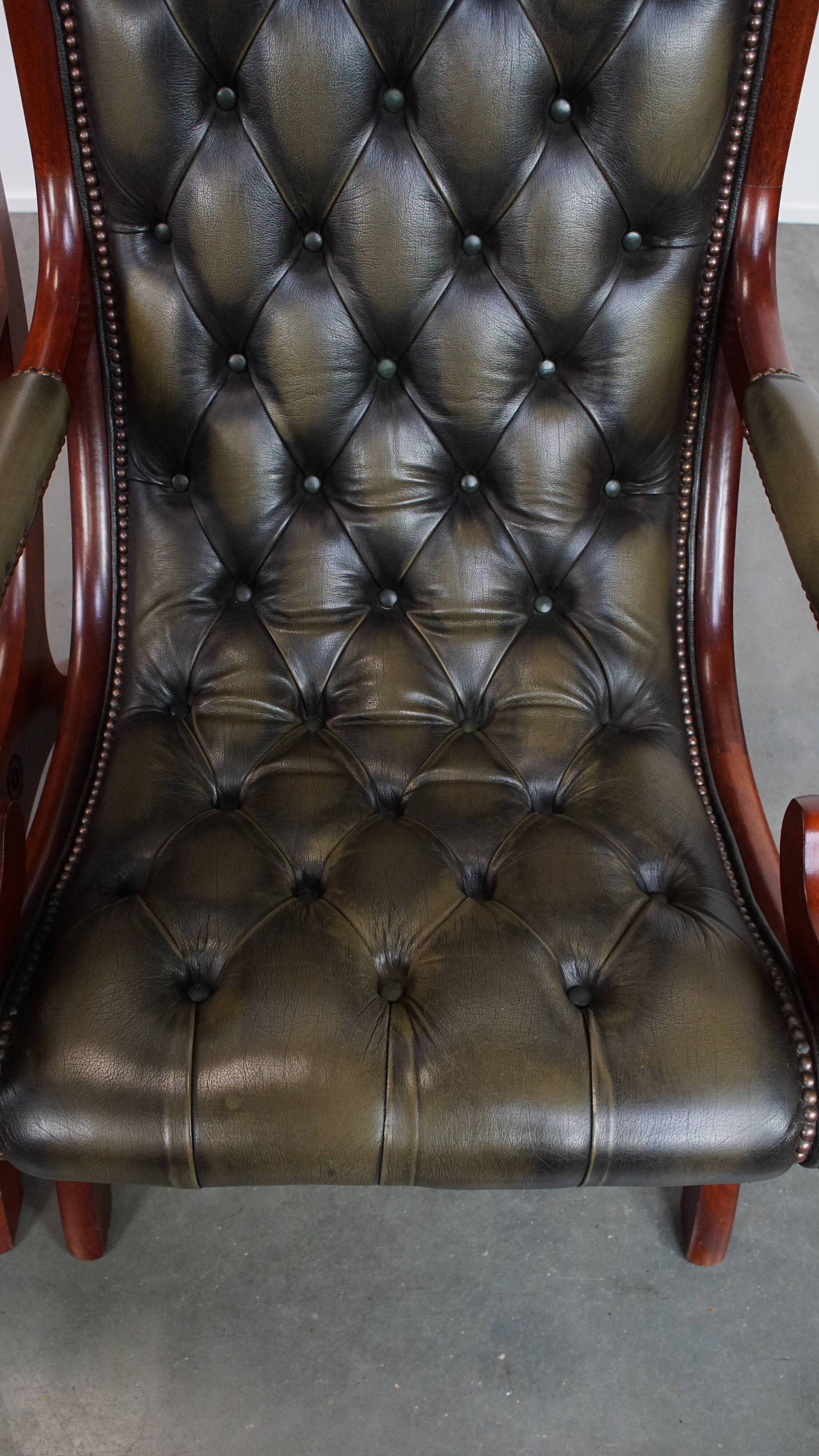 Set of 2 Green Cowhide Leather English Chesterfield Armchairs