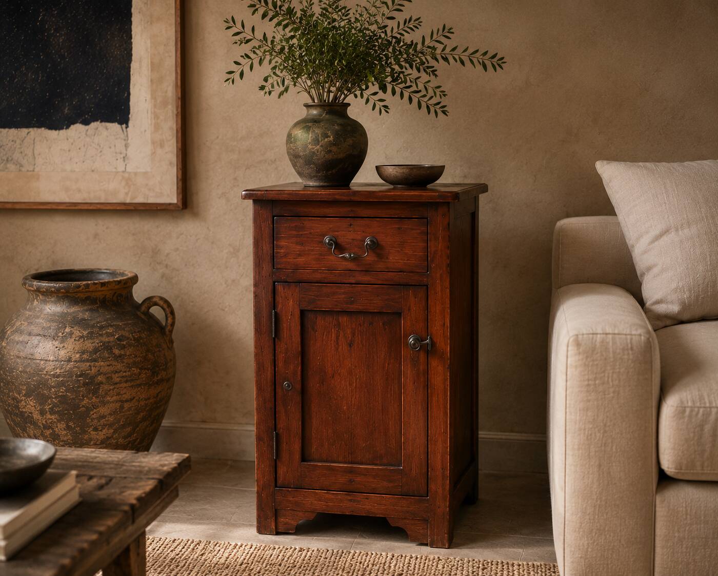 Rustic Walnut Bedside Cabinet, 1980s