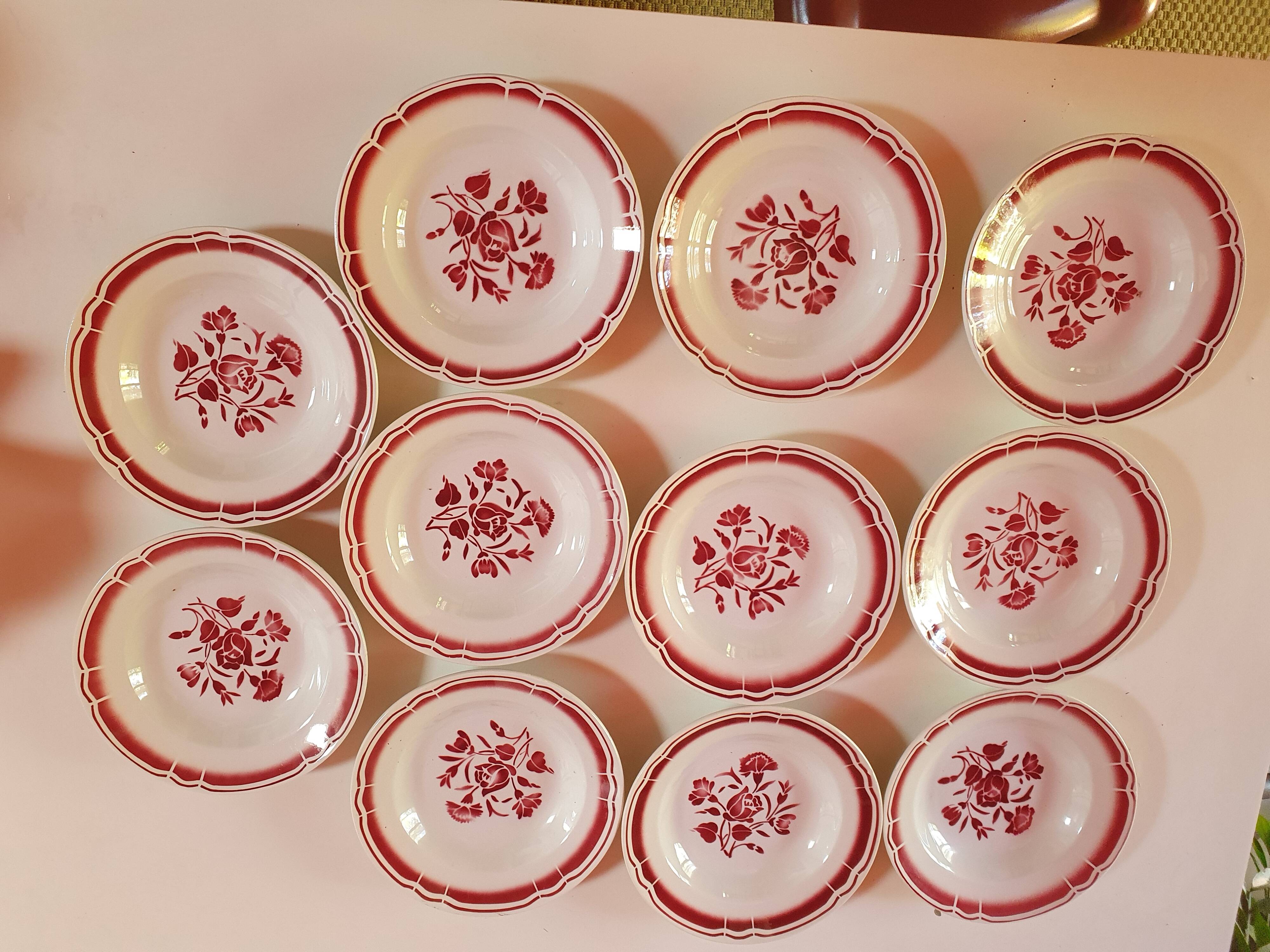 set of 11 vintage soup plates with red flowers