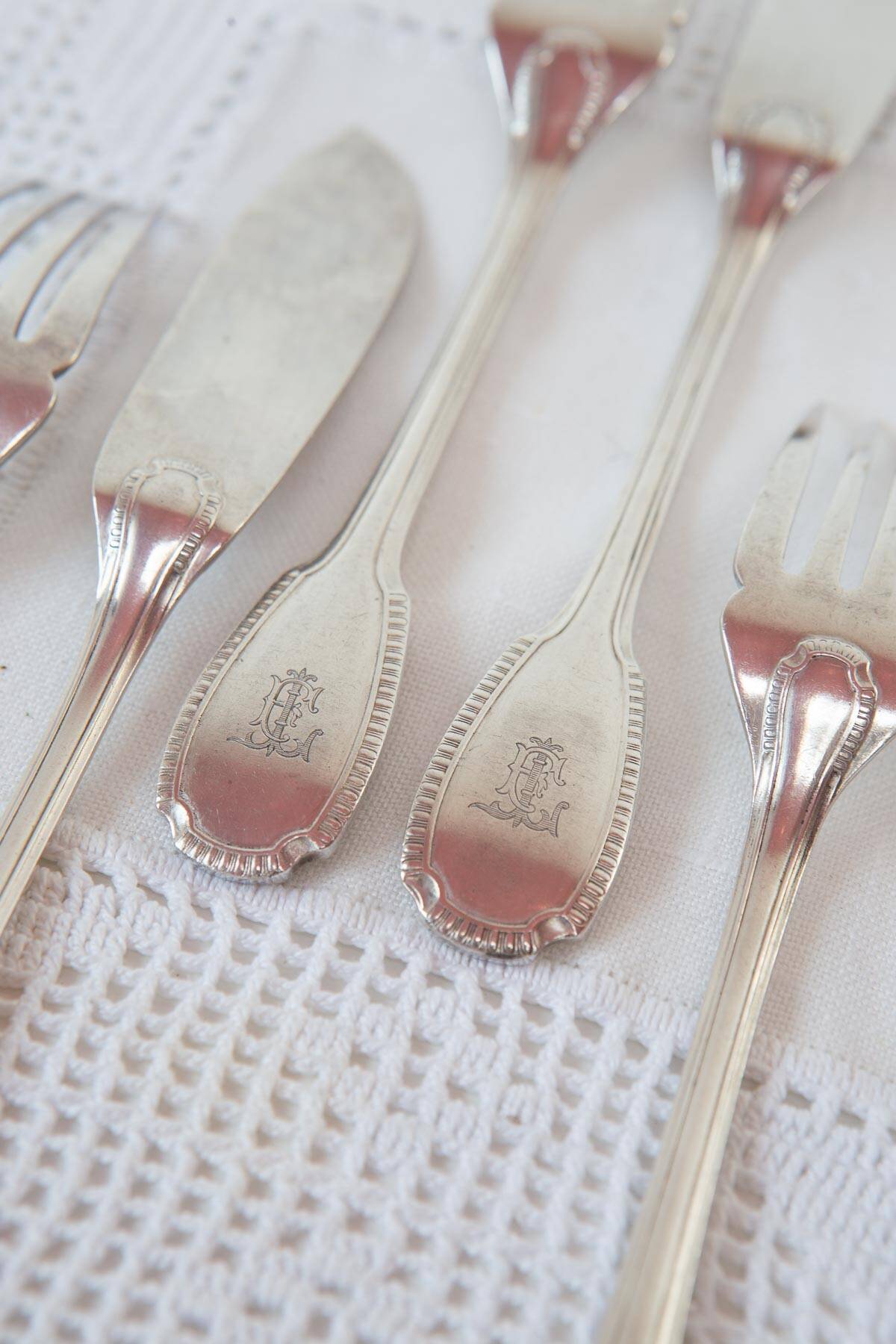 Fish cutlery for 6 Christofle Godrons initials E. L. circa 1910-20