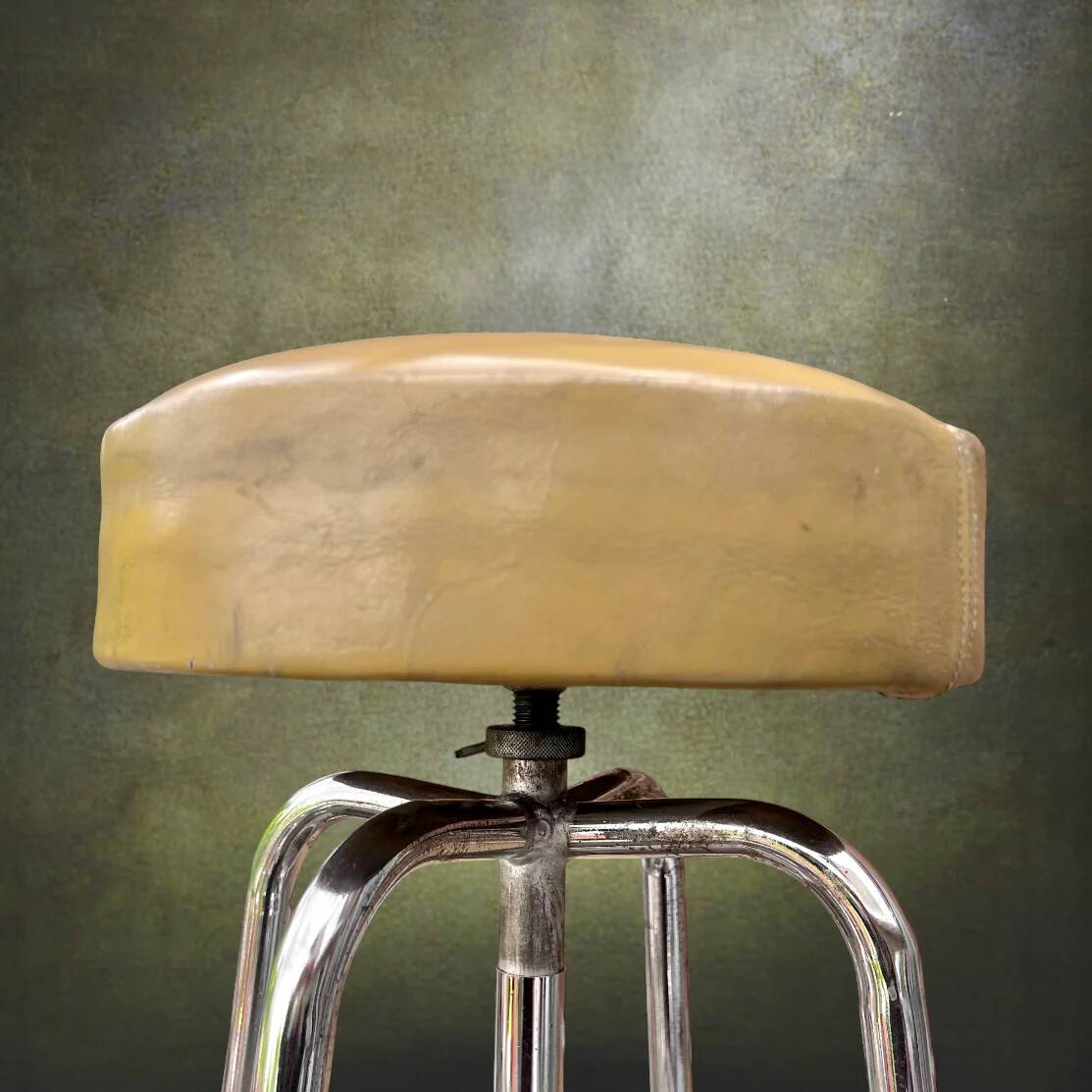 Adjustable industrial stool in chrome metal and beige leather – 1950s 60s