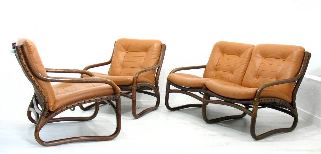 Italian Bamboo, Rattan, and Leather Living Room Set, 1970s