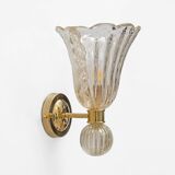 Attributed to Barovier & Toso Brass and Pulegoso Murano Glass Sconces, Pair