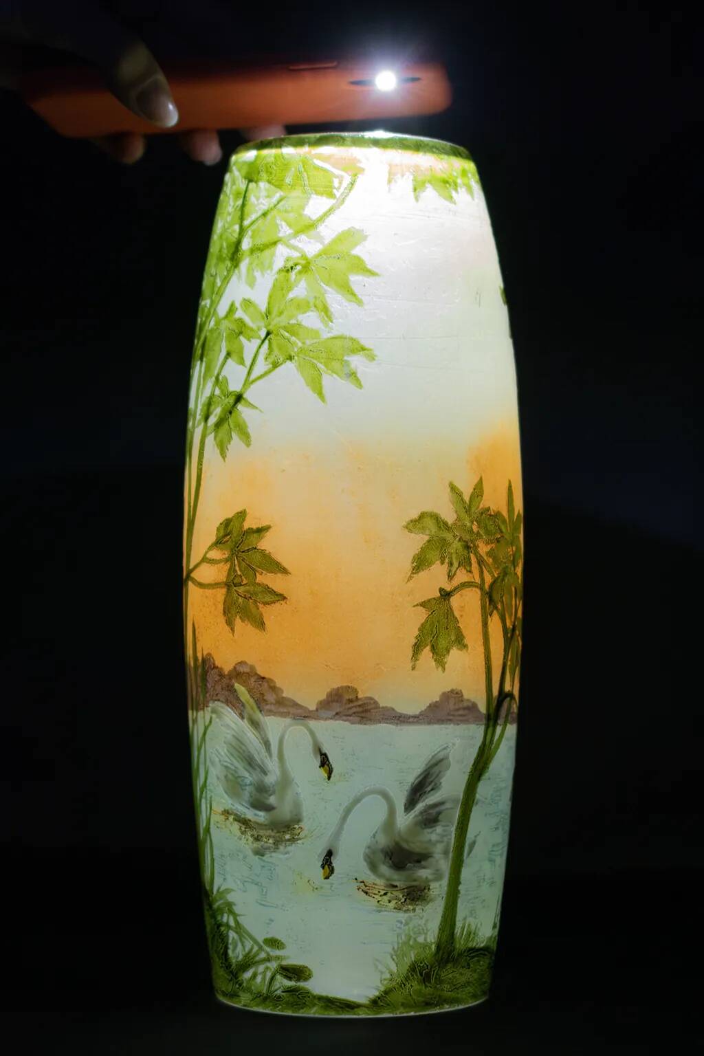 Large Legras Art Nouveau vase in acid-etched glass | Swan Lake