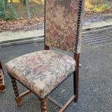 6 chaises à manger Louis XIII bois massif torsadés et tissu écru du 19ème