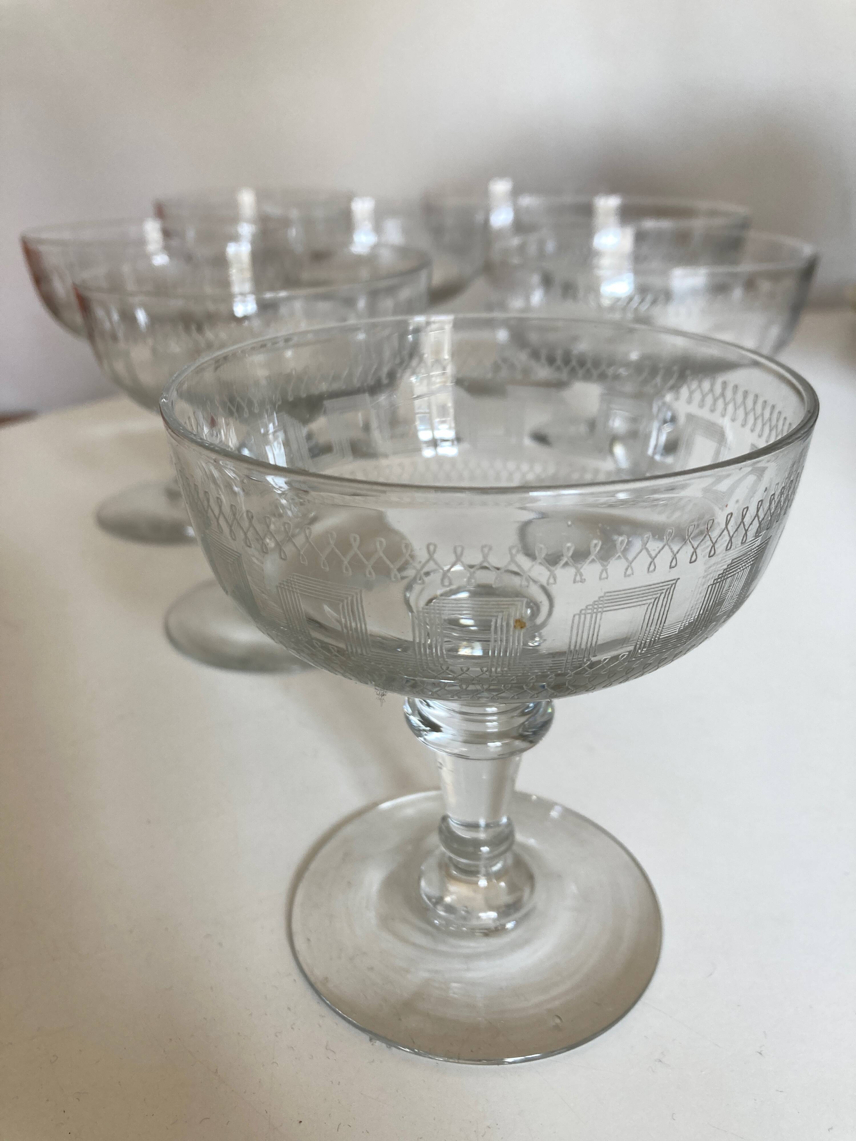 set of 8 neo classic engraved half crystal champagne glasses 1900