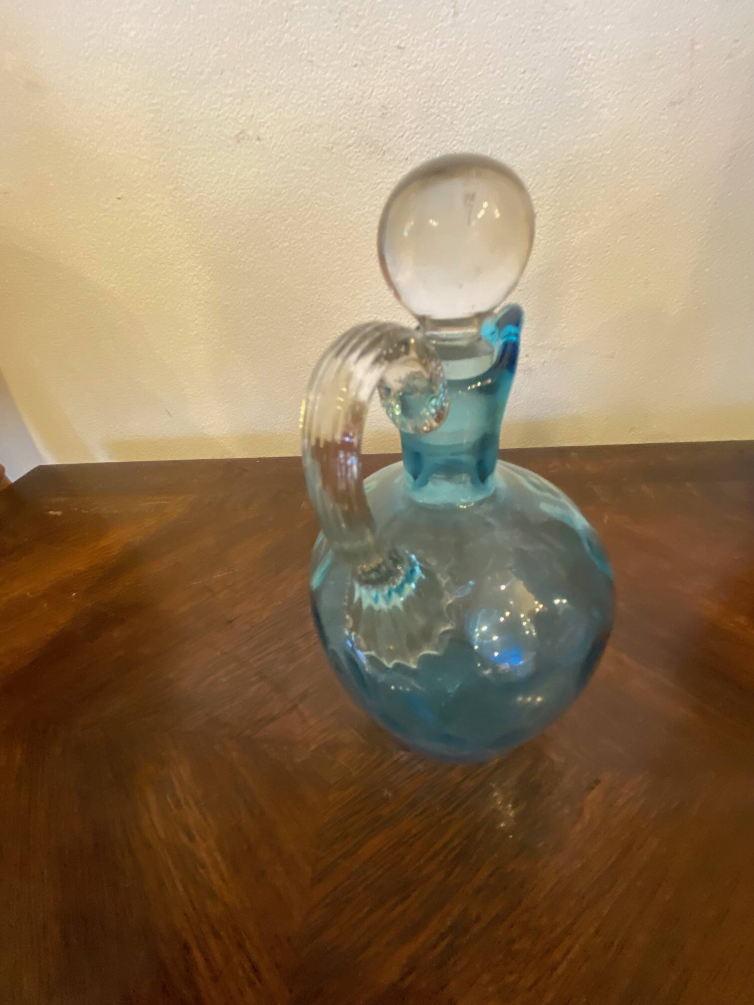 Night carafe in blue tones waffle glass with cabochon early 20th century