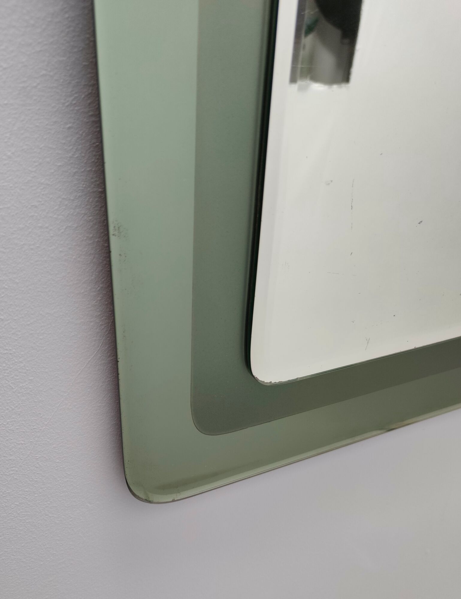 Postmodern square wall mirror with an army green beveled glass frame, Italy
