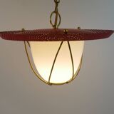 Suspension in perforated red lacquered metal, brass and opaline in the style of Mathieu Matégot